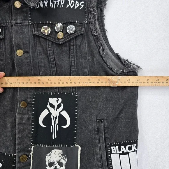 Punk Rock Vest Mens XXL Black Denim Patched Sleeveless Jacket Custom Patches - Picture 4 of 16